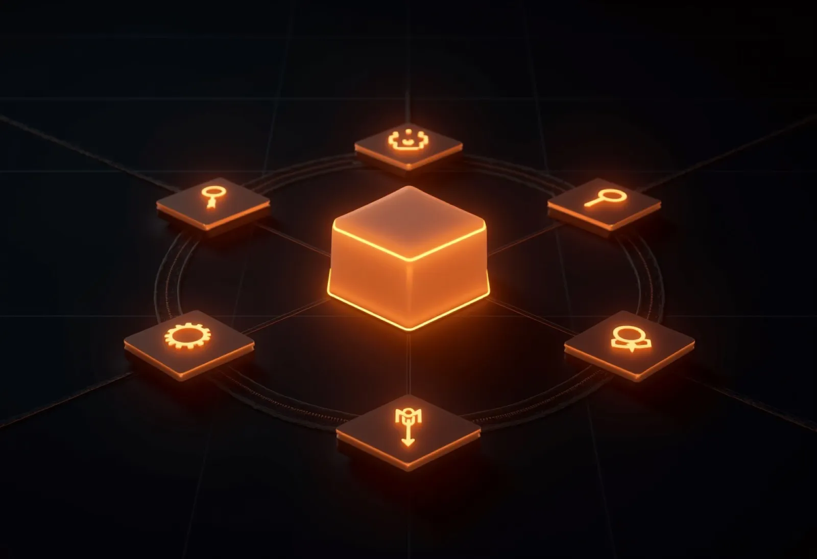 Illustration of an agent framework: a glowing central block linked to a ring of tool tiles — a gear, a magnifier and other icons.