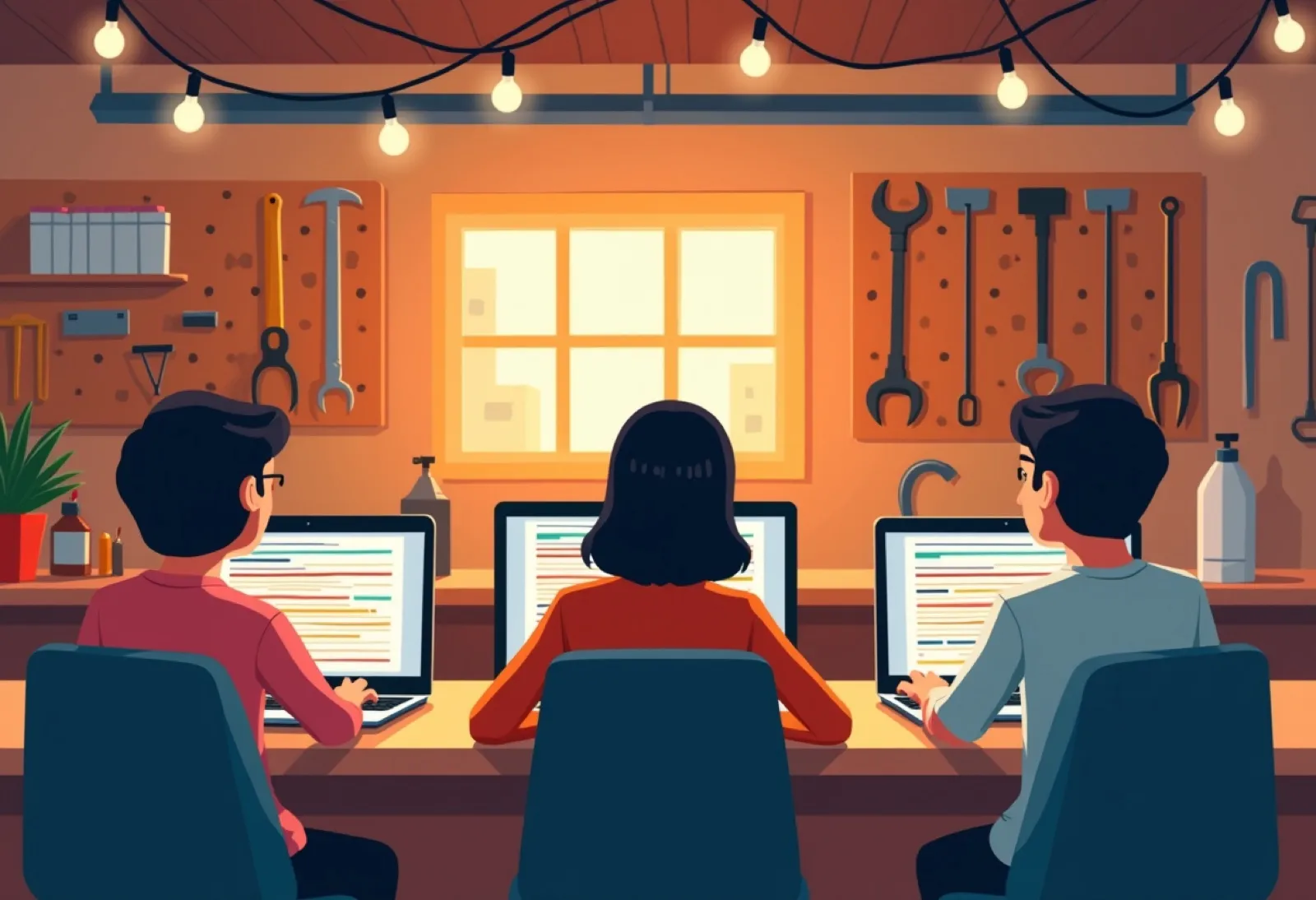 Illustration of three people at a workbench, coding on laptops in a garage workshop under string lights.